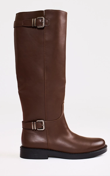 Entry Side Buckle Detail Knee High Boot In Brown Faux Leather