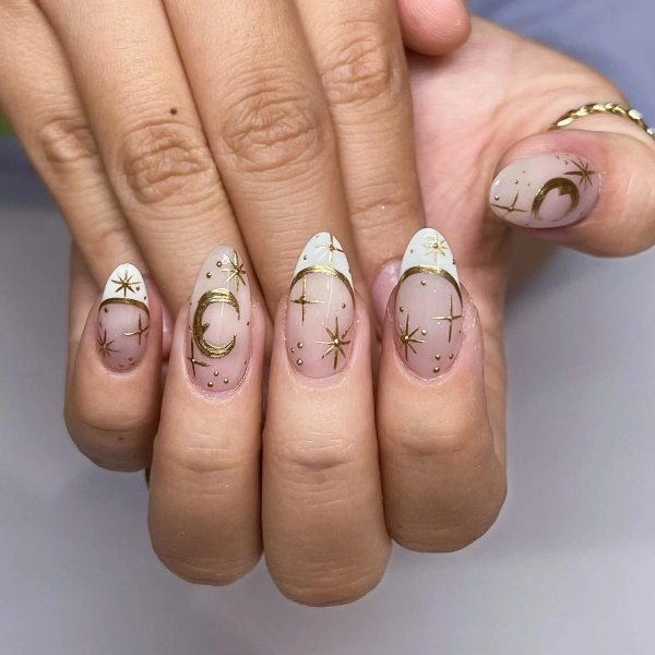 Gold Liners White French Tips Elegant Nude Press On Nails - Moon Stars Reusable Manicure Fake Fingernails - Glue on Nails