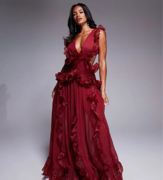 ASOS LUXE plunge maxi dress with ruched chiffon details & open back in dark cherry-Red