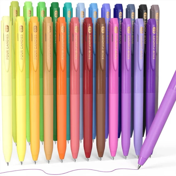 Four Candies Quick Dry Ink Colored Pens Set, 12/24 Colors Retractable Gel Pen, 0.7mm Fine Point Colorful Pens for Note Taking & Drawing, Colored Gel
