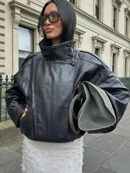 Black Pu Leather Jacket Women Autumn Jacket Coat Winter Clothes Long Sleeve Zip Up Ladies Bomber Jacket Fall Outfits Autumn Outfits Women Coat Streetwear