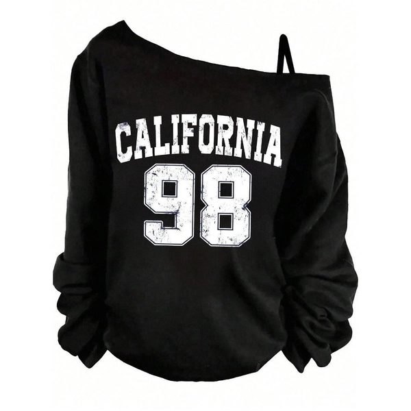 Women's California 98 Number Print Oversized Sweatshirt - Navy Blue Distressed Lettering & California State Design, Asymmetrical One-Shoulder Neckline, Long Sleeve Casual Winter Warmth, Machine Washable Pullover Sweater for Casual Attire & California-Themed Outfits, Cozy Clothing, Streetwear Fashion, Comfortable Material, Soft Fabric, Printed Hoodie Alternative, Stylish Top, Style Enthusiasts, Fashion Lovers