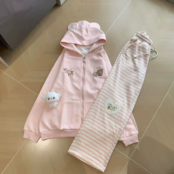 Japanese Kawaii Long Sleeve Hoodie + Full Length Pants Sweet Two-Piece Sets Zipper Y2k Patchwork Women Casual Striped Spring - AliExpress 