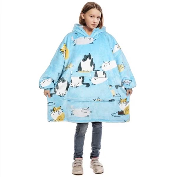 Catalonia Cat Print Blanket Hoodie for Kids, Oversized Wearable Fleece Sweatshirt Pullover for 7-16 yr Teens Youth, Kids Gift Idea