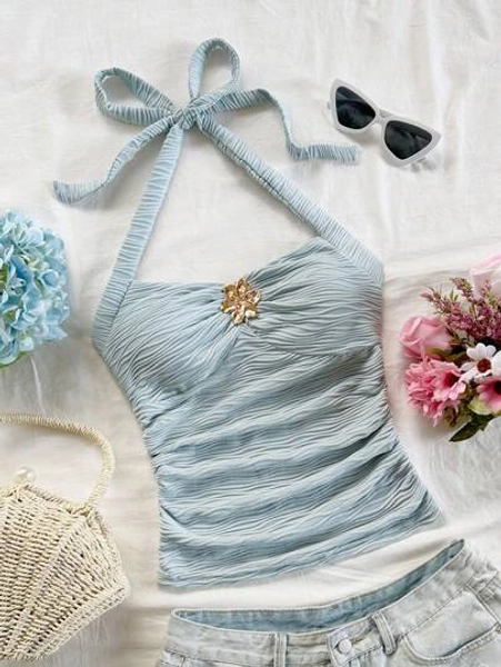 Soleia Vacation Tie Halter V-Neck Metallic Flower Textured Knit Fitted Tank Top For Women, Suitable For Music Festivals, Bohemian, Holiday Dates, Afternoon Tea,Rave Top