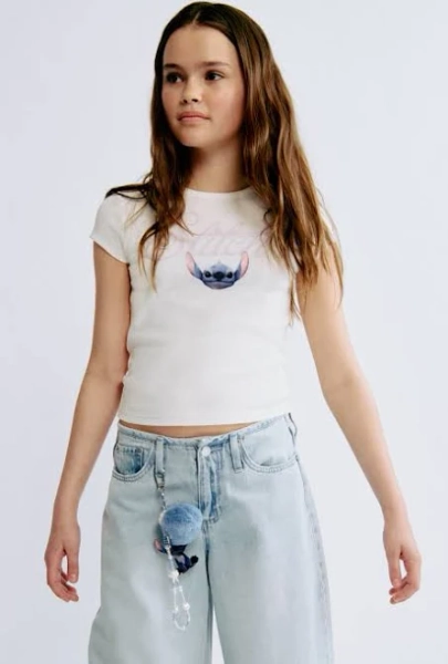 Girls H&M White/Lilo & Stitch Cotton Top with Printed Motif