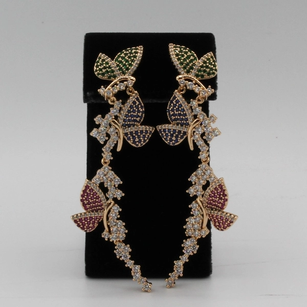 18ct Gold Plated Luxury Long Stud Butterfly Multicolour CZ Earrings Non Allergic
