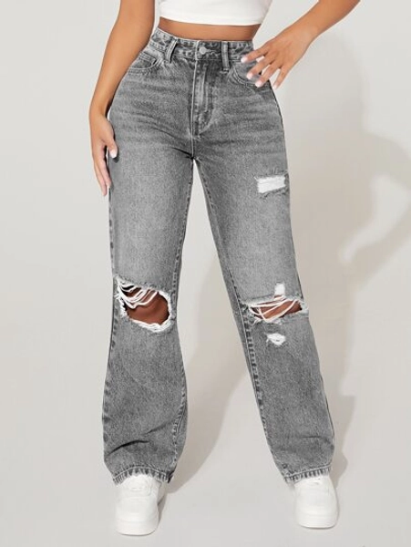 Women's High Waist Pocket Distressed Straight Loose Casual Jeans