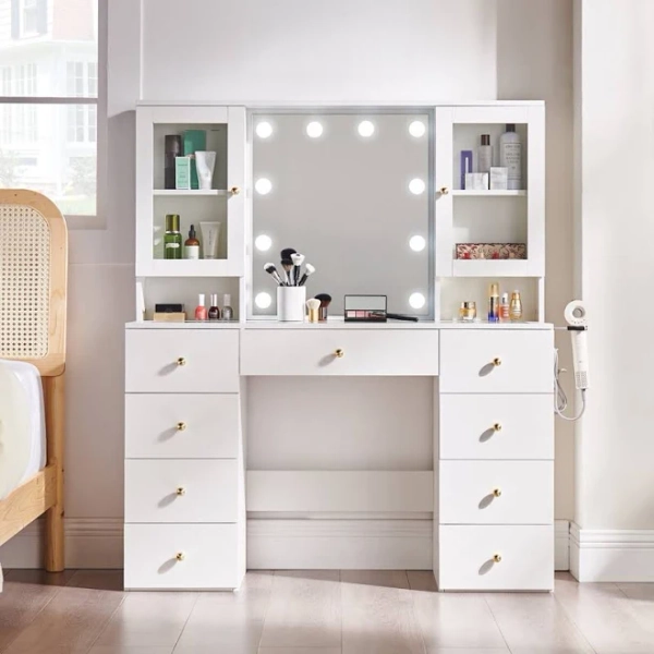 Latitude Run 47.2'' Adjustable Light Vanity Table with 3-Color LED Mirror, Glass Top, Power Outlet