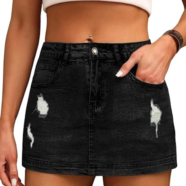 Denim Skort for Women High Waist Ripped  Denim Skirt Casual Distressed Stretch Women Jean Skirt