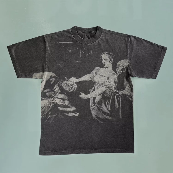 Judith Beheading Holofernes Bleached T-Shirt: Faded Black Cotton, Vintage Style