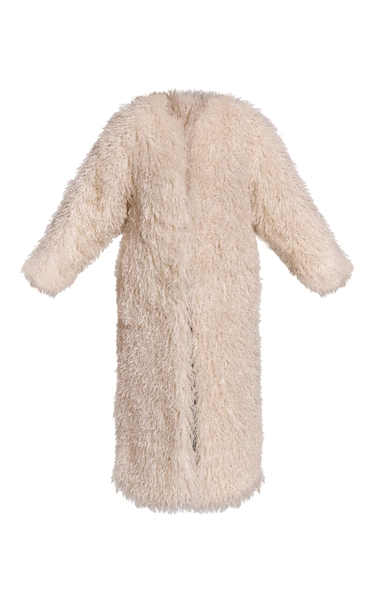 Cream Faux Mongolian Fur Collarless Maxi Coat