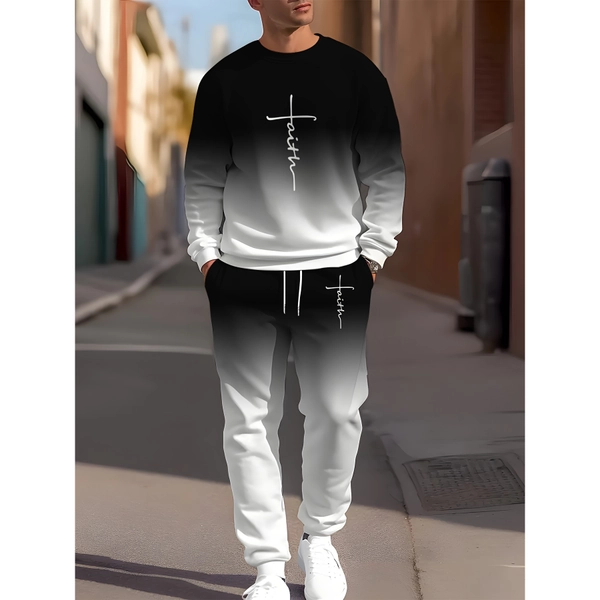 Men's Casual Polyester Fiber Sports Set, Crew Neck, Long Sleeve, Printed Sweatshirt and Sweatpants, Loose Knit Fabric Loungewear