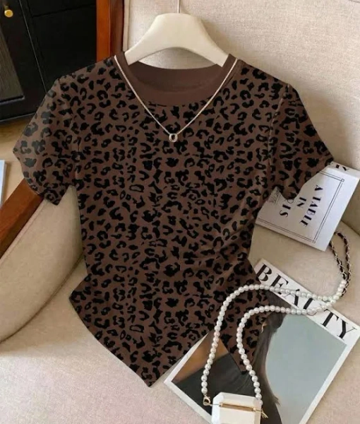 Resyla Multicolor Leopard Print Slim Fit Round Neck Short Sleeve Knitted T-Shirt Women's Clothing Shirts Tees Textured Pattern Casual Daily,XS