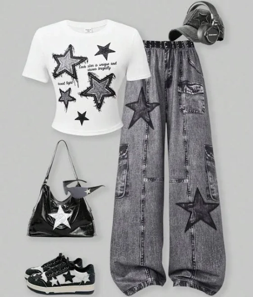SHEIN Teen Girls Trendy Loose Fit Imitation Denim Two-Piece Set