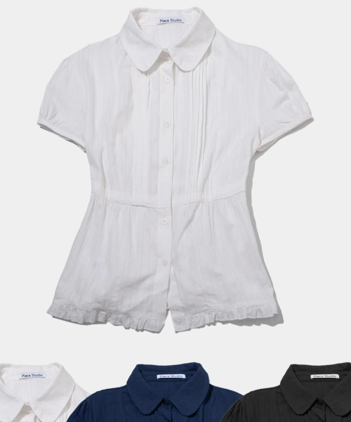 Puff sleeve crop string pin tuck frill short sleeve blouse shirt_ 3COLOR