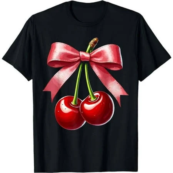 FAHUANGGE Coquette Cherry Bow Aesthetic T-ShirtBow Cherry Aesthetic100% cotton, Women's, Size: 2XL, Black