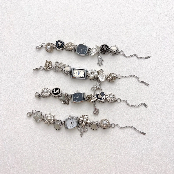 Vintage Silver Charm Watch Bracelet, Y2K Black Wrist Watch, Statement Button Bead Bracelet, Chain Bracelet for Women, Christmas gift for Her