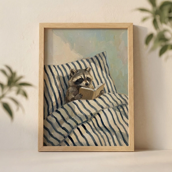 Raccoon Reading in Bed Wall Art Print, Cozy Animal Illustration with Striped Pillow for Bedroom Decor