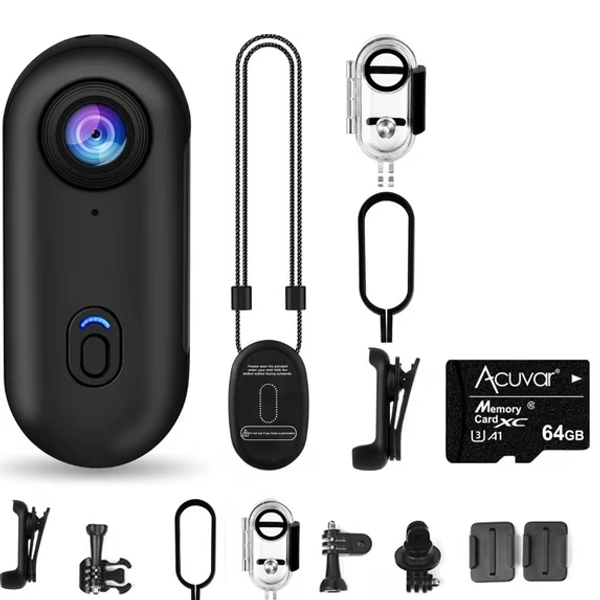 Acuvar 64GB FHD 1080P Mini Body Camera, Wearable Action Body Cam, Thumb Size Hands Free Recording Body Worn Camera, Premium Portable Camcorder Mount Anywhere for Pet Walking, Work, Travel (Black)