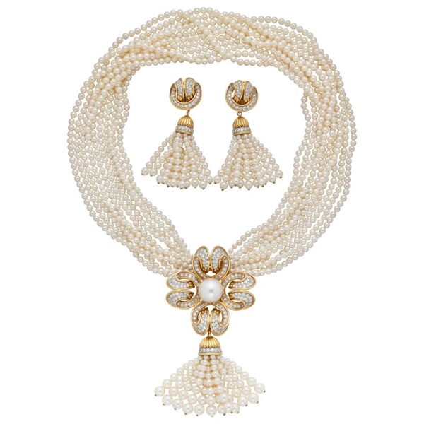 Tiffany & Co. Vintage Vintage Gold, Platinum, Cultured Pearl And Diamond Convertible Earclip And Necklace Set Available For Immediate Sale At Sotheby’s