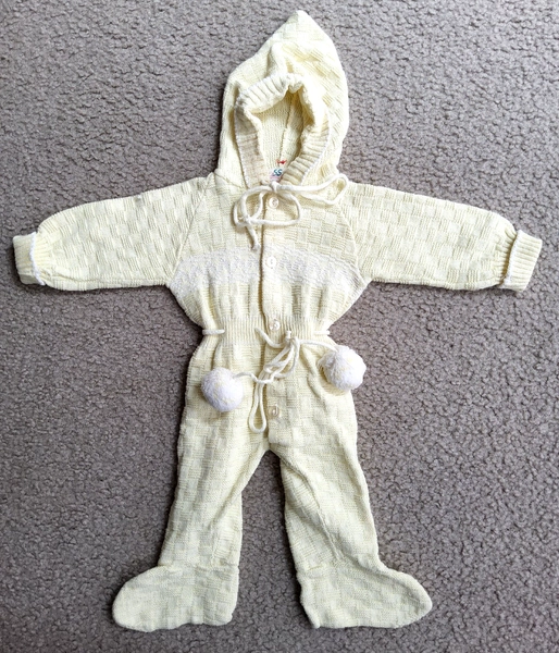 Vintage 1980s FriedKnit Creation Yellow Sleeper Romper acrylic Baby 0-6 months