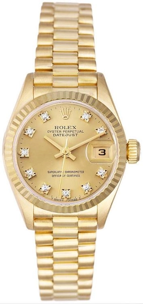 Rolex Women's President Yellow Gold Fluted Factory Champagne Diamond Dial