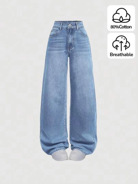 SHEIN Teen Girls' Casual Washed Wide Leg Jeans