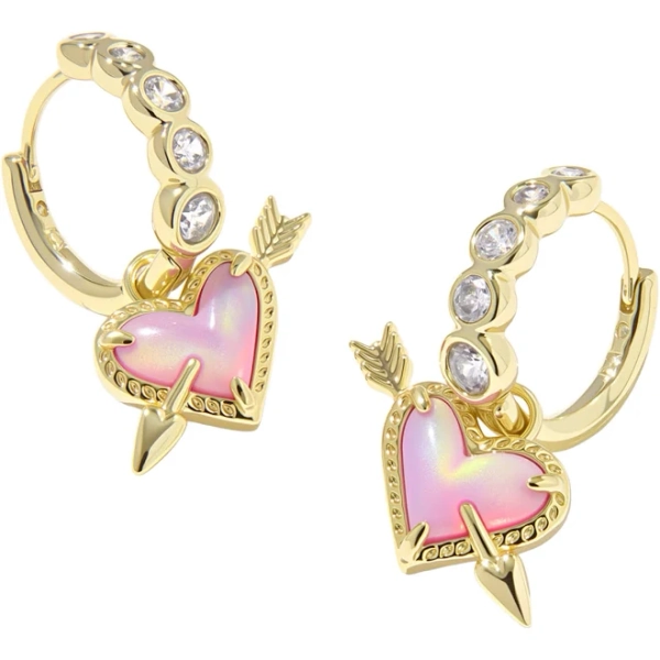Kendra Scott Ari Heart Arrow Huggie Earrings with Pink Opalescent Resin
