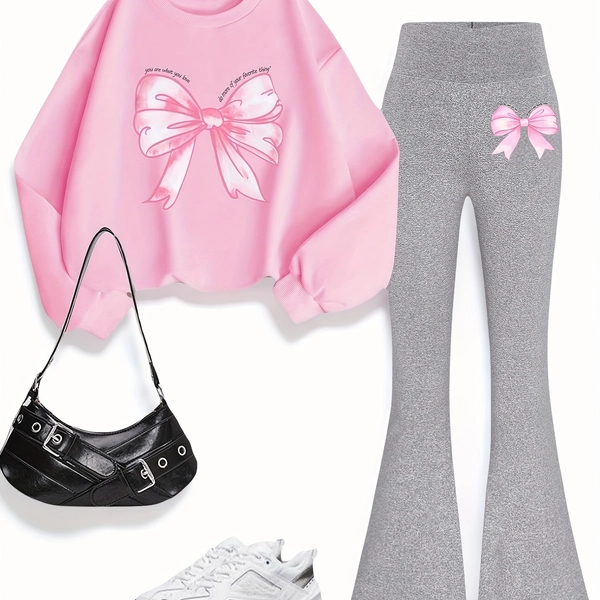 Girls' Two-Piece Set, Long-Sleeve Sweatshirt with Bow Print and Flared Pants, Pink and Gray, Perfect for Outdoor