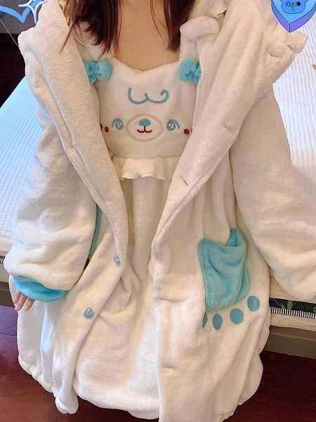 [£30.07]Beige and Blue/Pink Bunny Ears Hooded Sweet Winter Sleepwear