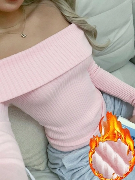 CovetEZ Casual Women's Brushed Warm Pink Ribbed Knitted Off-Shoulder Fitted T-Shirt, Perfect For Parties, Clubs, Dates, And The Clean Girl Style. Ideal For Christmas, New Year, Home, Back-To-School, And Fall Wardrob