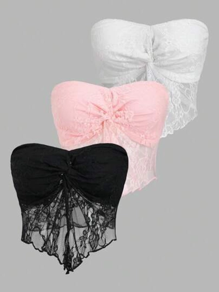 EgrlEra 3pcs Twist Front Asymmetrical Hem Tube Top Y2K 