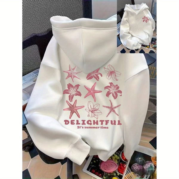 Women's Casual Starfish and Letter Print Front and Back -Lined Warm Hooded Sweatshirt, Versatile Top for Autumn and Winter