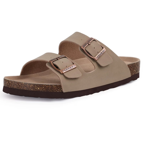 Litfun Women's Cork Footbed Slide Sandals with Arch Support Summer Leather Flat Sandals with Adjustable Buckle, Taupe - Walmart.com