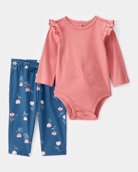 Baby Girl 2-Piece Long-Sleeve Floral Long-Sleeve Bodysuit Pant Set - Pink/Blue