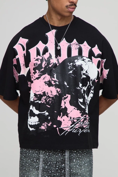 Black Oversized Boxy Heavyweight Skull Print T-Shirt 