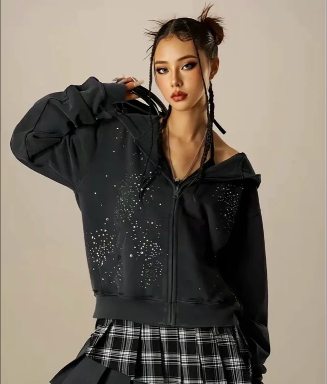 Aelfric Eden Unisex Hotfix Rhinestone Star Zip Up Hoodie Vintage - TikTok Shop