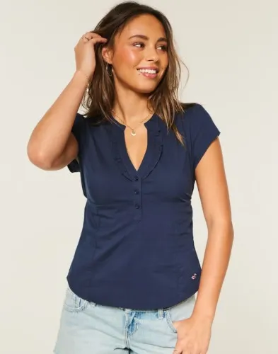 Short-Sleeve Ruffle Henley Shirt