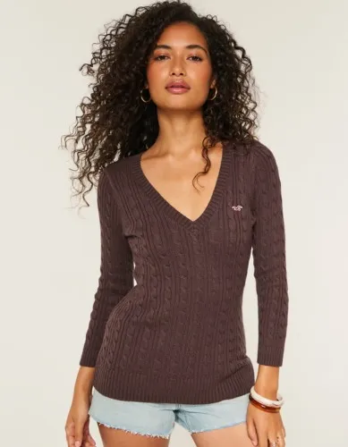 Three-Quarter Sleeve Cable-Knit V-Neck Sweater