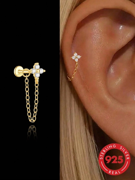 1pc Women's Tassel 925 Sterling Silver Stud Earrings, Classic Ear Cartilage/Helix/Tragus Studs, Flat Back, Suitable For Daily Wear And Parties, Exquisite Jewelry