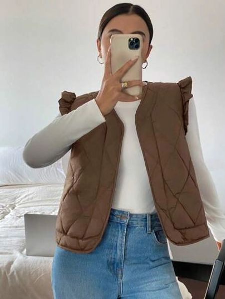 Siren Gaze Women Casual Solid Color Cap Sleeve Cotton Padded Vest, Autumn/Winter Brown