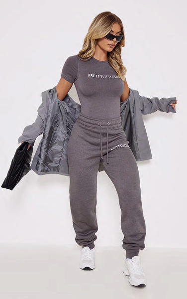PRETTYLITTLETHING Charcoal Logo Short Sleeved Bodysuit