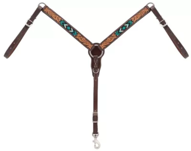 Weaver Equine Turquoise Cross 1-1/4 in. Cross Beaded Pony Breastcollar - Leather Brown,Pony