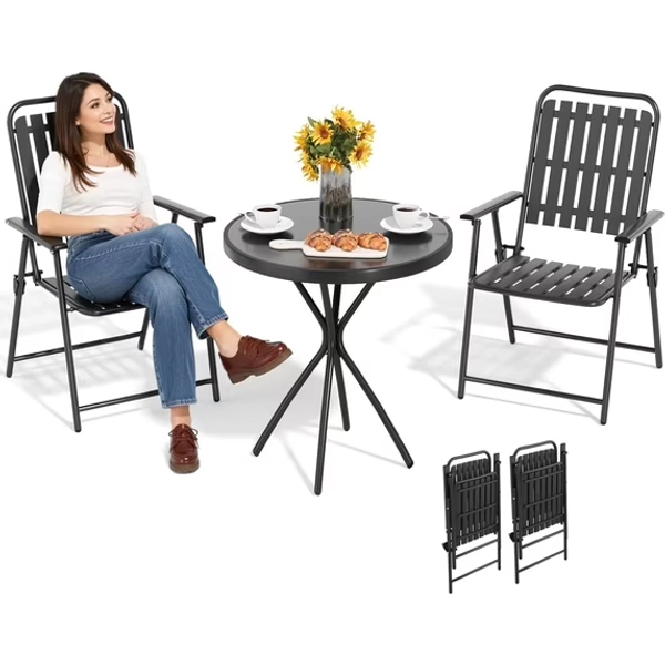 TQKVIPI 3-Piece Patio Bistro Set Outdoor Folding Bistro Table and Chairs Set of 2 Patio Dining Furniture Set No Assembly Furniture Anti-Rust Outdoor Indoor for Bistro Balcony Porch Yard Garden-Black