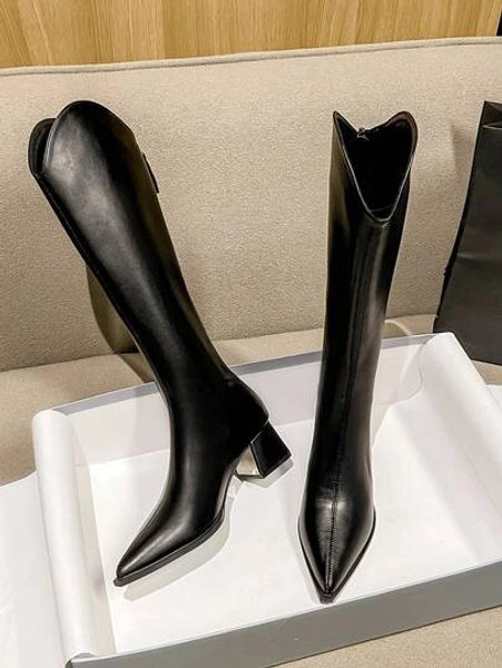 2025 High Quality Hot Selling Autumn New Thick Heel V-Cut Tall Boots, Versatile Fashion Knee-High Boots, Low Heel Pointed Toe European Style Women Shoes, Elegant Minimalist Over-The-Knee Boots