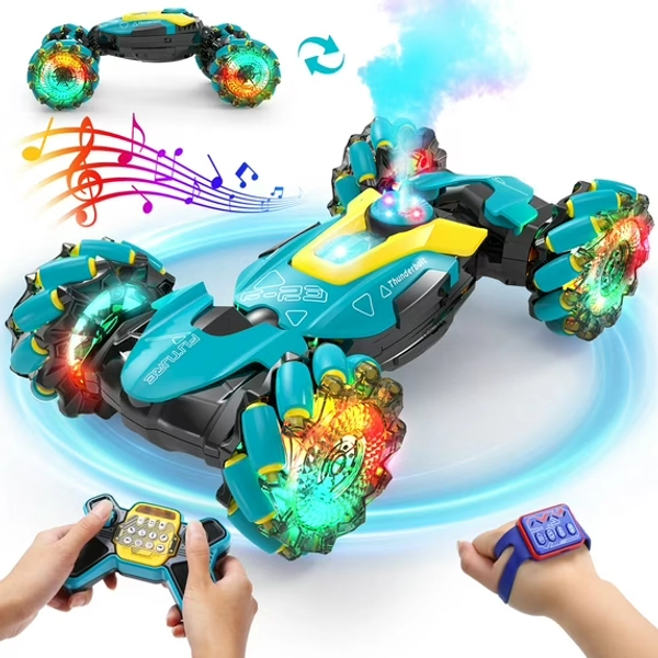 DEERC Gesture Sensing RC Stunt Car with Fog Mist & Music, 4WD Hand Controlled Remote Control Drift Car Toy for Kids, All Terrain Off-Road Double-Sided Driving with Lights, Birthday Gift for boy