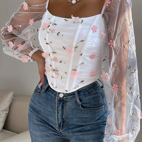 [Sensual Corset Top] Double-Layer Fishbone Long Sleeve Corset Top | Sexy Sheer Mesh, Floral Pattern, Off-Shoulder, Pullovers Style, Medium Stretch, All-Season Wear, No Belt, Breathable Fabric