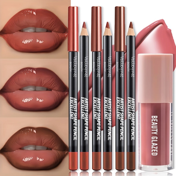 4pcs Waterproof Lip Gloss & Lip Liner Set - Long-Lasting Hydrating Lip Pencils with 4 Shades ( Nude, Brown, Coral, Red) | 3D Precision Tip for Lip Liner & Gloss, Glossy/ Matte, All Beige Types, Sensitive Lips Makeup Kit