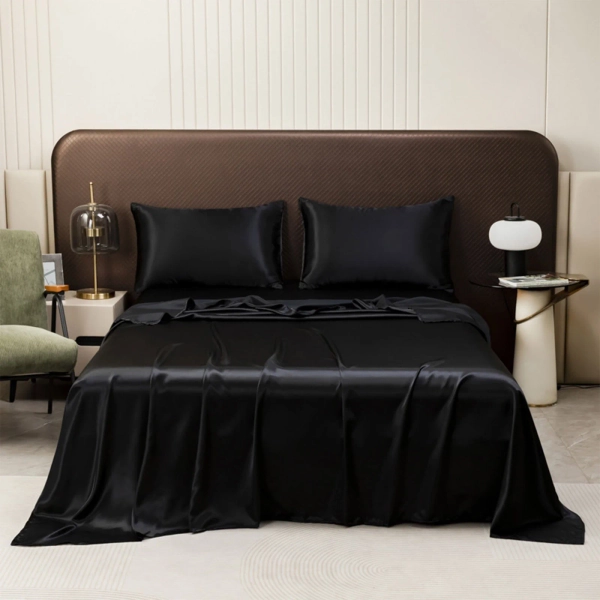 Solid Color Sheets Silk Bedding Lightweight Bed Sheet For Summer Cooling Sensation In Black Cloth Material Size 168X224Cm Black